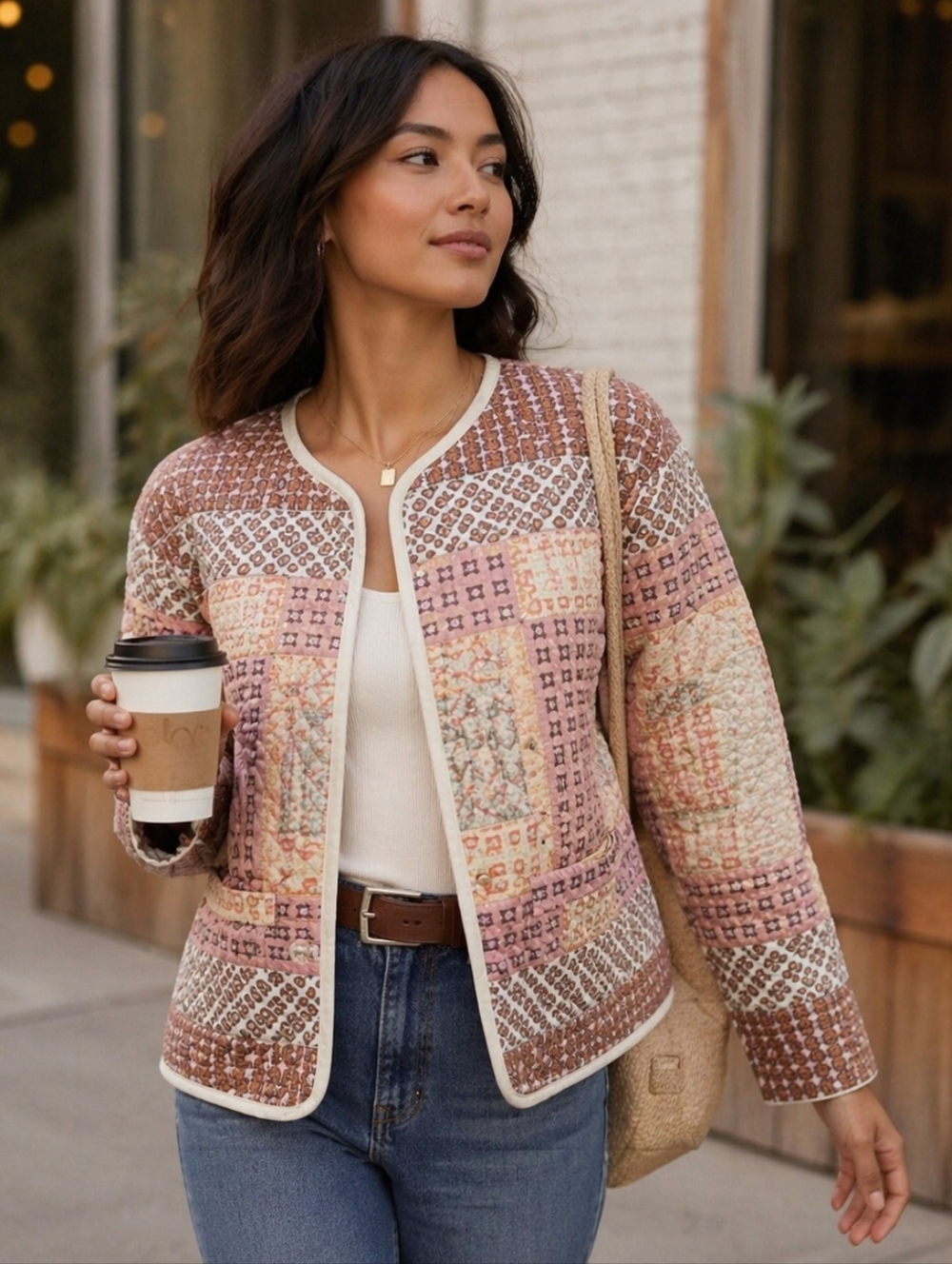Anthropologie Quilted Patchwork Jacket Boho Blush Neutral XS